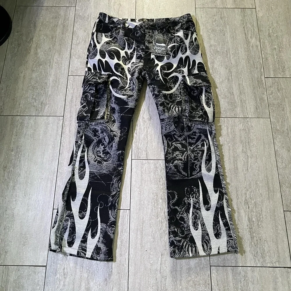 Rebel Vengeance Pants Mens 34x34 Black Flame Tapestry Cargo Gothic Stacked Fit